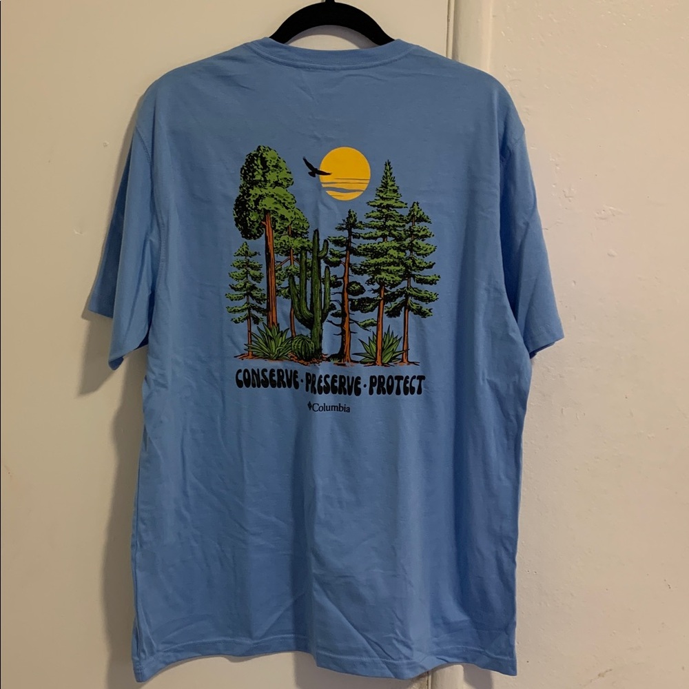 Men’s Columbia blue graphic tee! “Conserve Preserve Protect” NWT